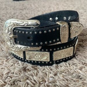 Black leather belt with silver decals